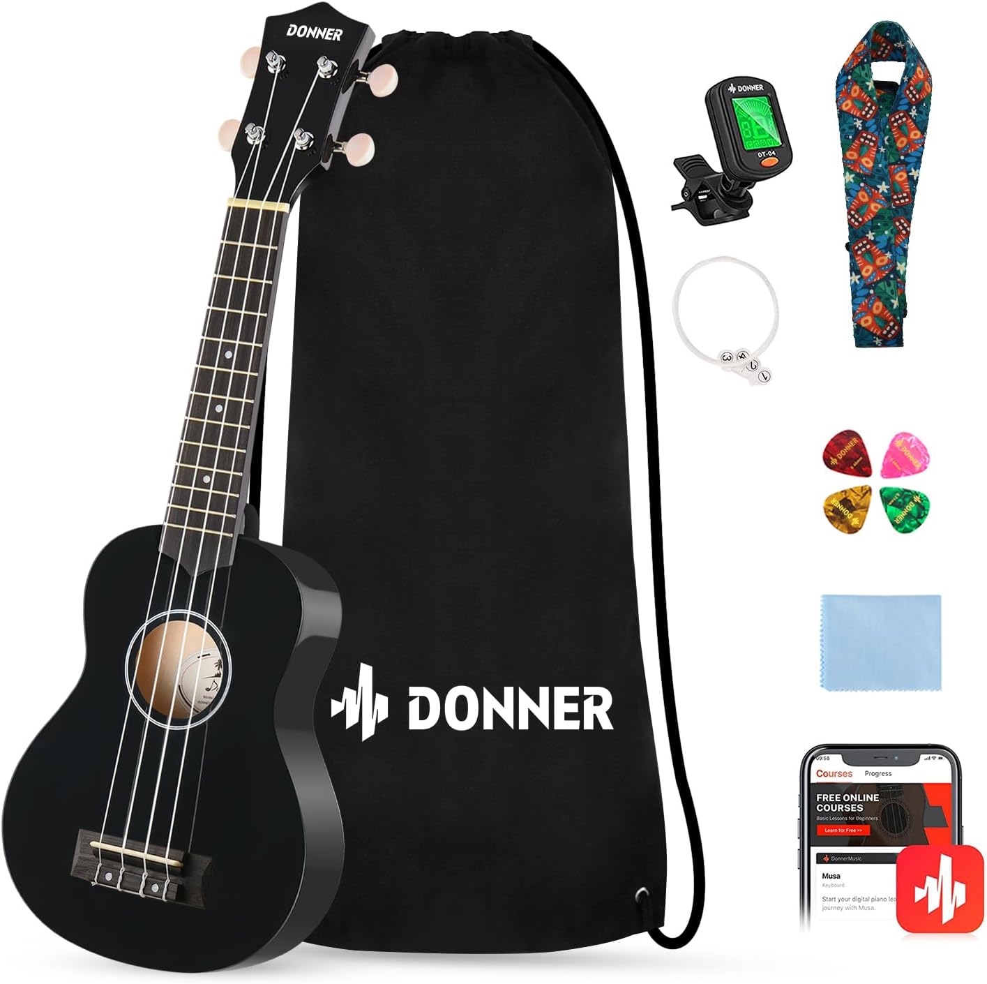 Donner Soprano Ukulele Starter Bundle Kit for Beginners 21 in