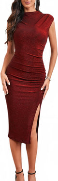 IHOT 2025 Women's Mock Neck Side Slit Ruched Bodycon Midi Dress 55%