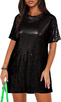ENOPINK Women's Sequin Crew Neck Mini Dress - Sparkly Shift