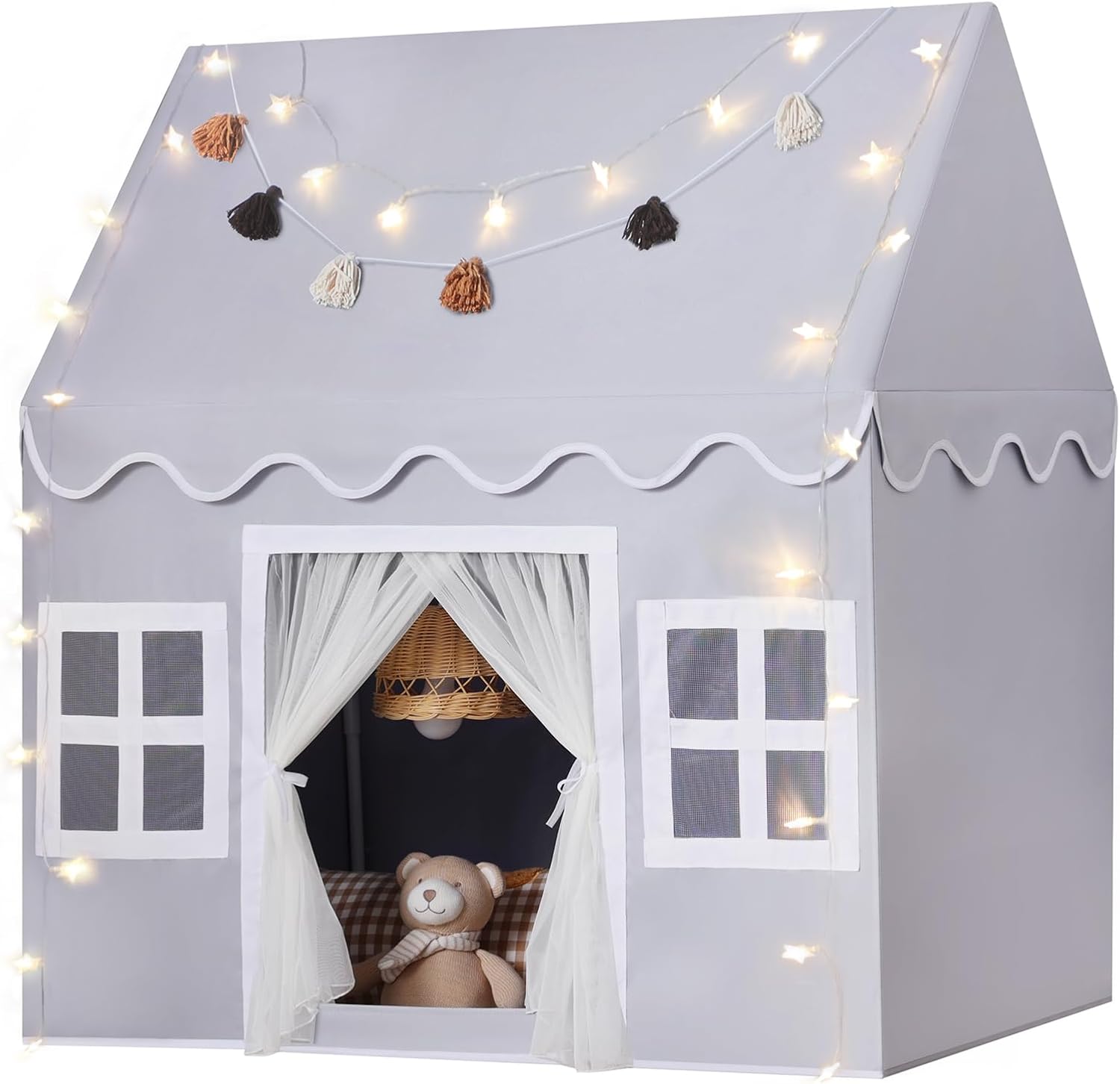 Kids Play Tent Indoor with Star Lights and Tassel Garland