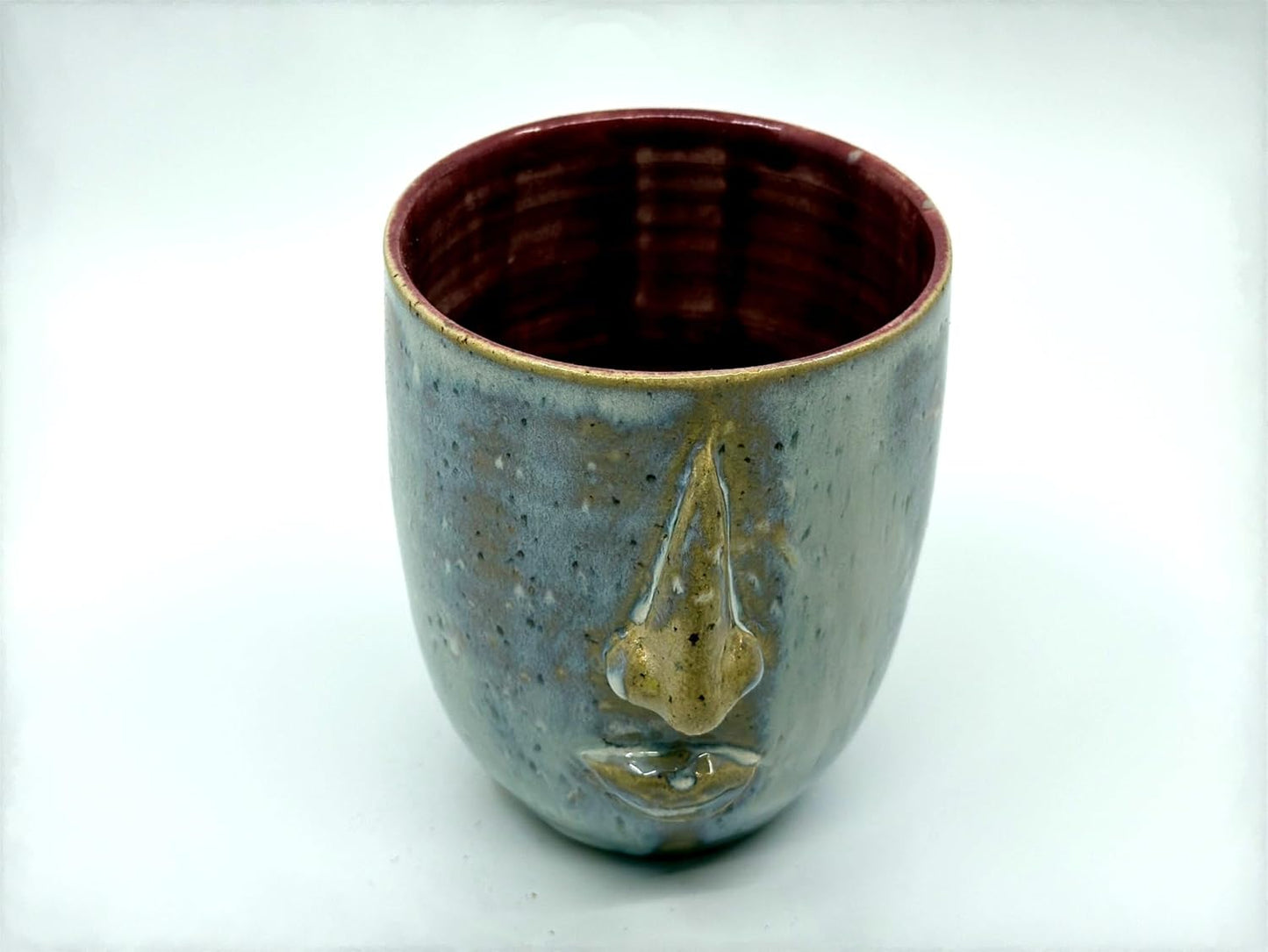 Handmade Stoneware Coffee Mug - Dishwasher Safe - Pink & Green - Embossed Design