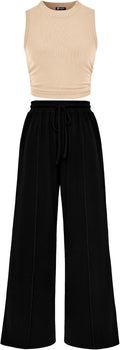 PRETTYGARDEN 2 Piece Ribbed Tank and Wide Leg Pants Set - Chic Summer