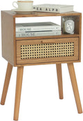 Mid Century Modern Nightstand with Drawer - Compact Rattan Bedside