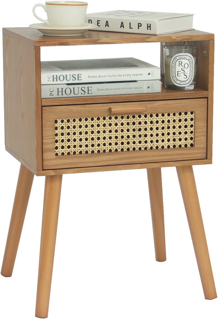 MaxSmeo Mid Century Modern Nightstand with Rattan Drawer