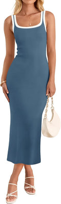 Women's 2025 Summer Bodycon Midi Dress - Square Neck Knit Slim Fit