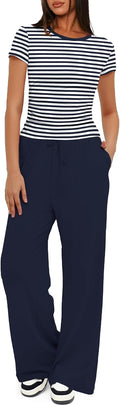 Women Two Piece Lounge Set Ruched Short Sleeve Top & Wide Leg Pants