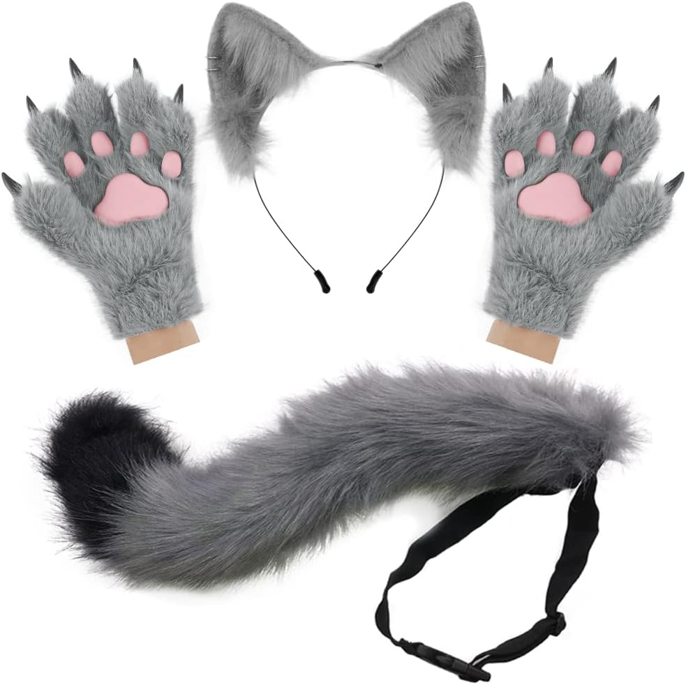 HAOAN Wolf Fox Tail Clip Ears and Gloves Set for Halloween Fun