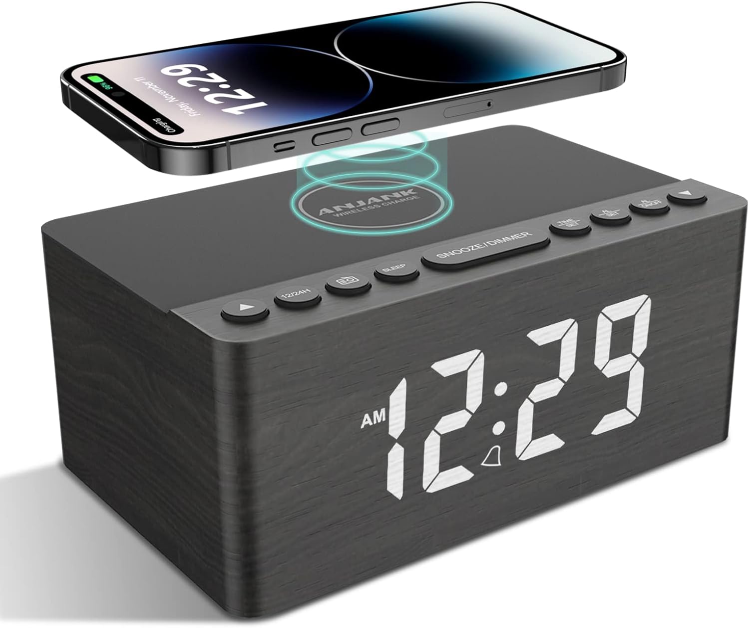 Wooden Digital Alarm Clock with FM Radio and Wireless Charging