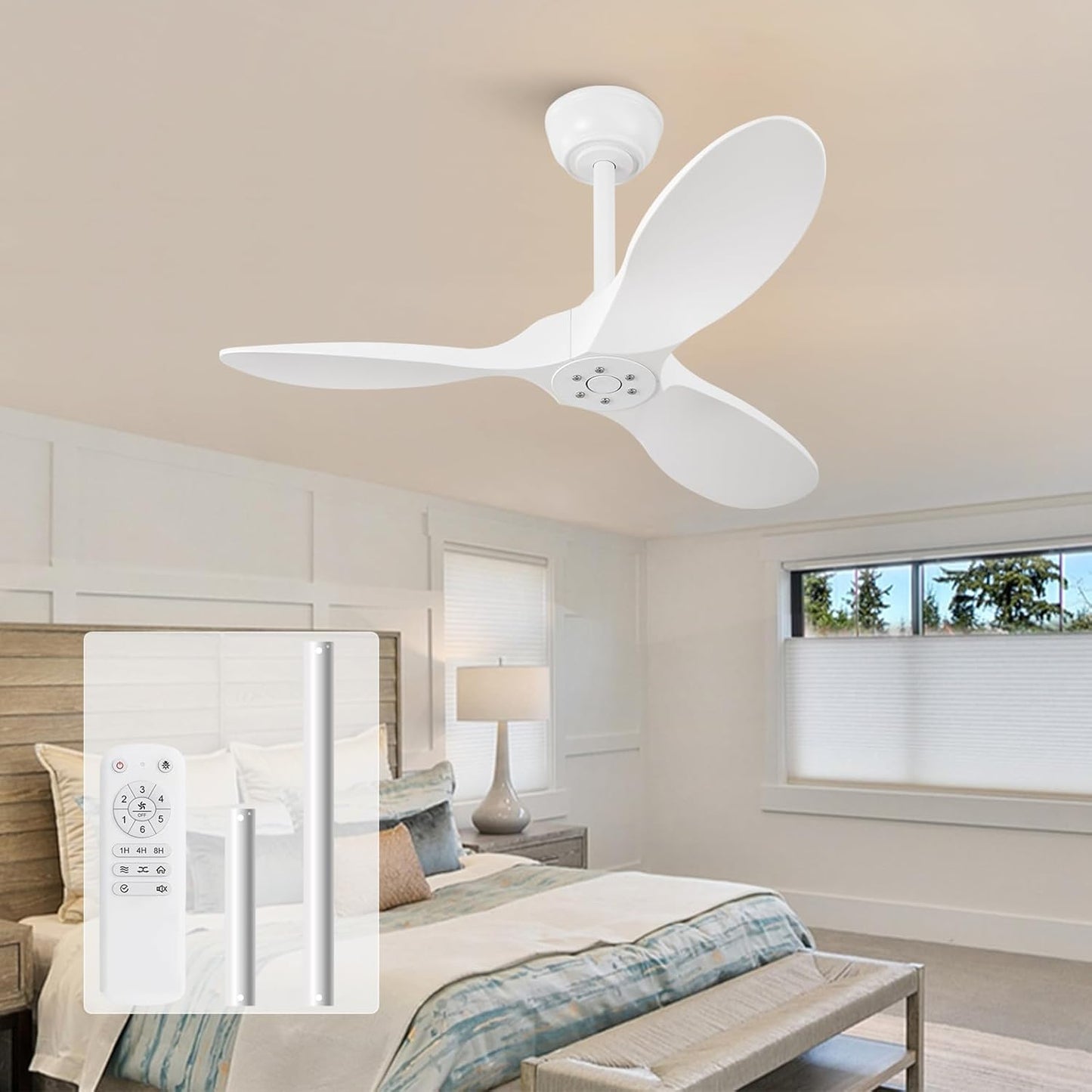 36 Inch White Modern Ceiling Fan with Remote Control and Timer