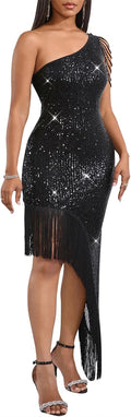 Women Sequin One Shoulder Mermaid Midi Dress - Elegant Cocktail Look