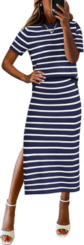 Womens 2 Piece Striped Sweater Skirt Sets - Loose Fit Summer Set