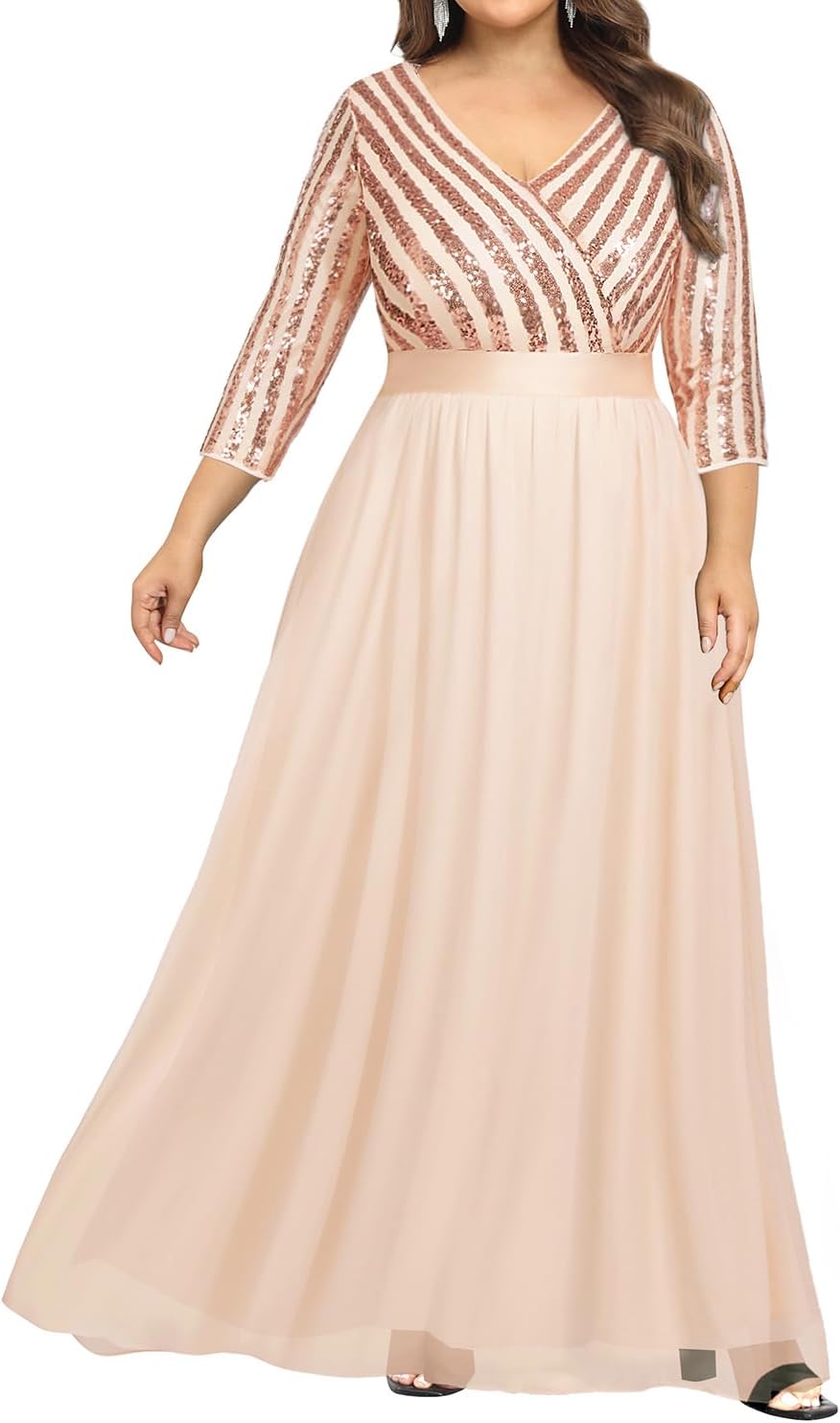 Womens Plus Size Formal Dresses with V Neck and 3/4 Sleeves