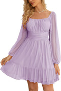 Mesh Long Sleeve Square Neck Mini Dress - Flattering High Waist Fit 4