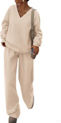 Casual Winter Two Piece Set V Neck Sweatshirt and Wide Leg Pants SIZE