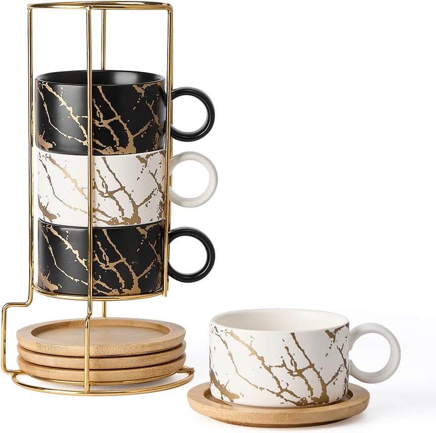 LUKA Porcelain Espresso Cup Set with Metal Stand for Coffee Lovers