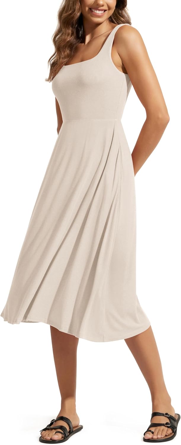 ODODOS Square Neck Midi Dress with Pockets for Women