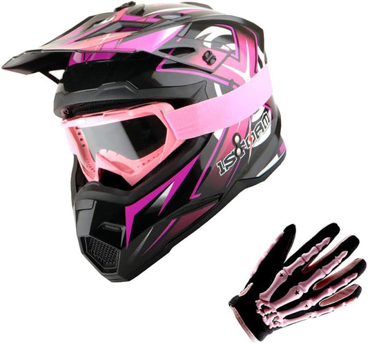 1Storm Motocross Helmet Bundle with Goggles and Gloves in Pink