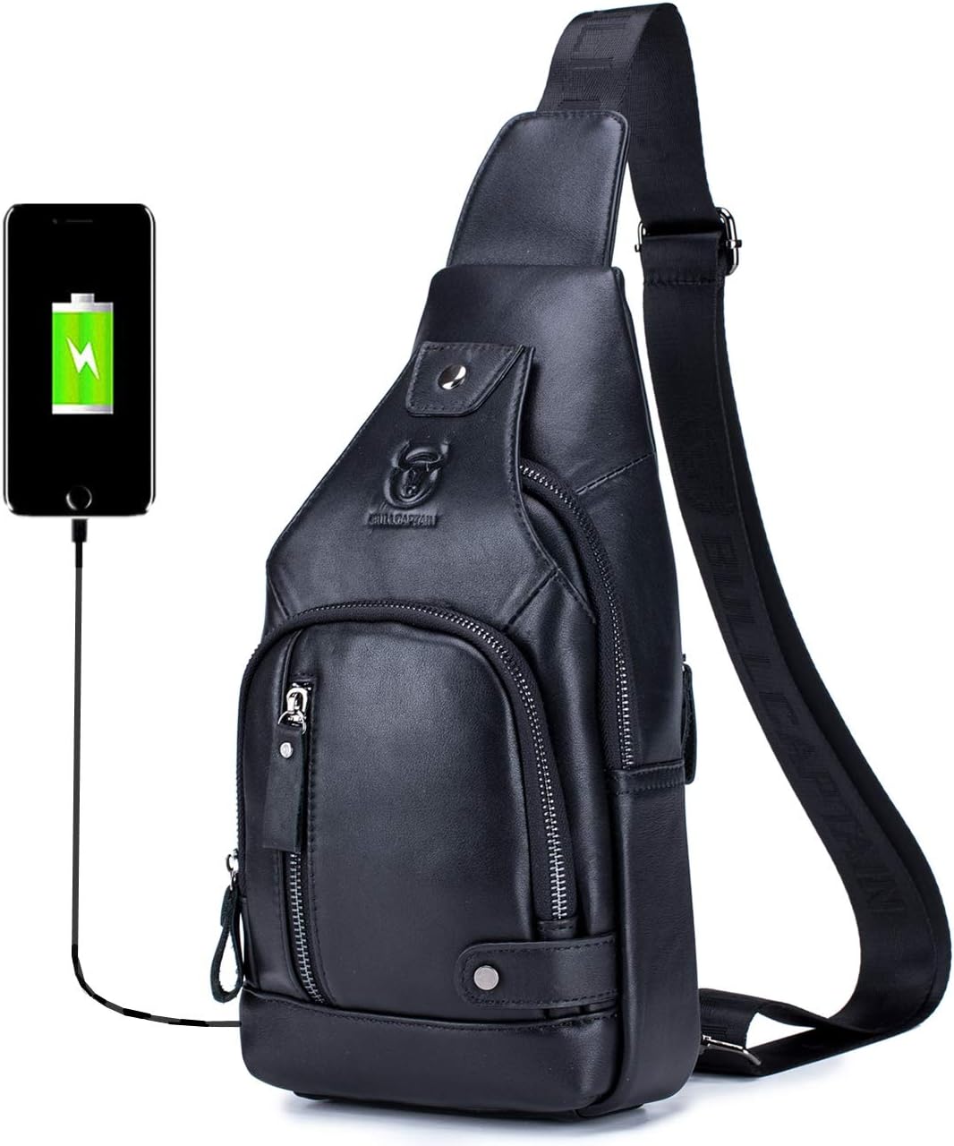 BULLCAPTAIN Genuine Leather Sling Bag with USB Charging Port