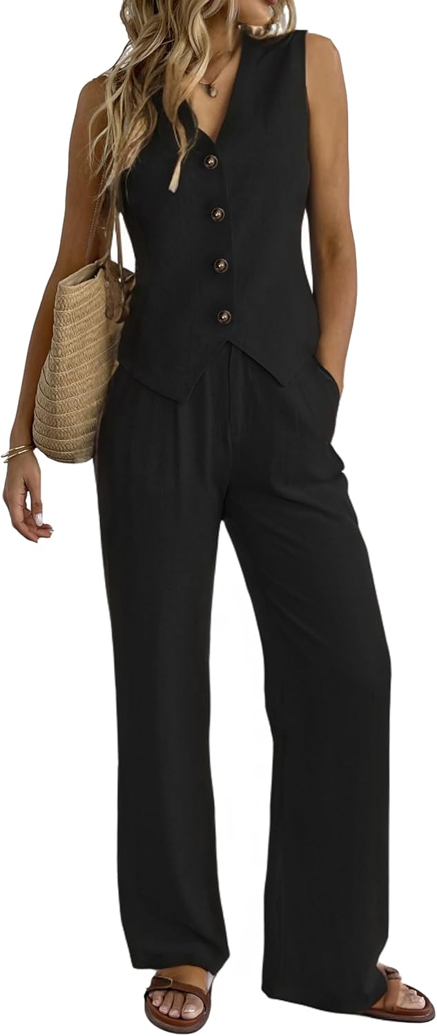 Stylish Women's 2 Piece Outfits Linen Vest and Wide Leg Pants