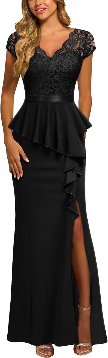 MISSMAY Women's Elegant Floral Lace Ruffle Split Cocktail Dress