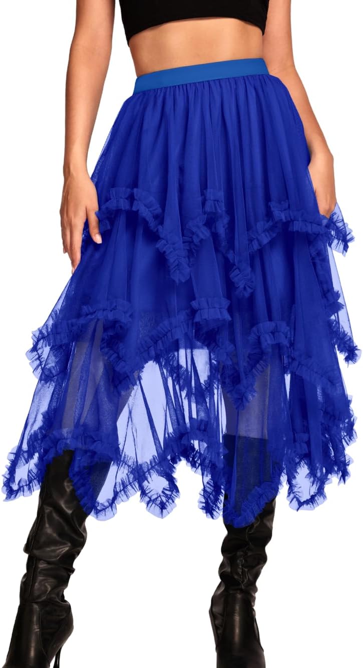 Kaei&Shi Long Tulle Skirt - High Waisted Ruffle Skirt for Women