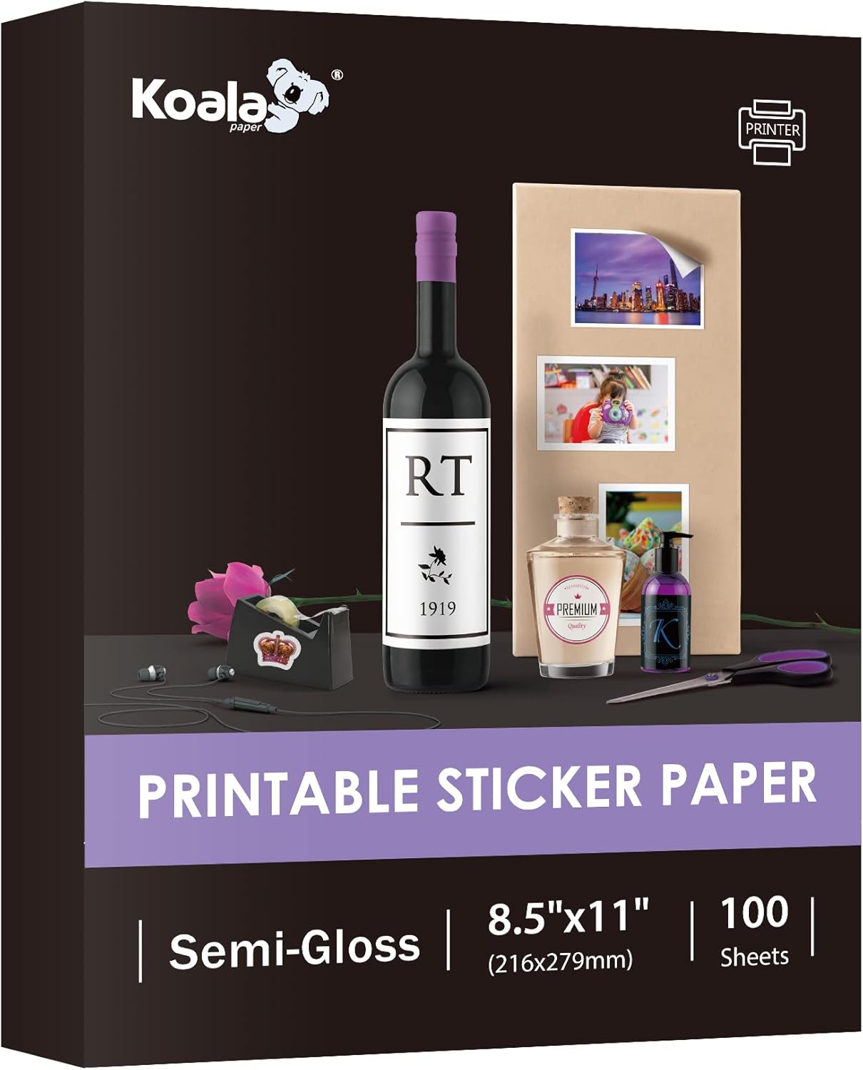 100 Sheets Koala Printable Sticker Paper - Inkjet/Laser, 8.5x11