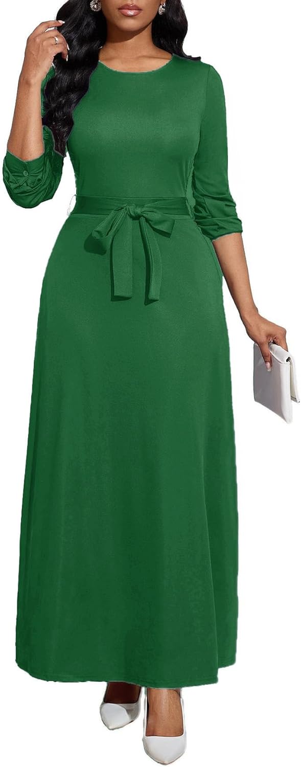 Long Dress for Women Casual Long Sleeve Maxi Dress with Belt
