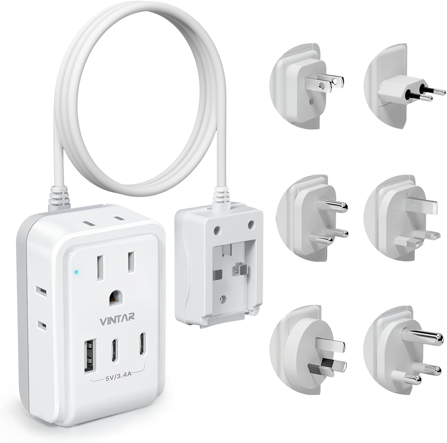 VINTAR Universal Travel Adapter Kit with Detachable Cord & USB