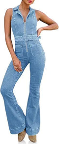 PLNOTME Womens Flare Denim Jumpsuits Slim Fit V Neck Romper