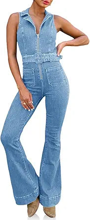 PLNOTME Womens Flare Denim Jumpsuits for Stylish Summer Looks