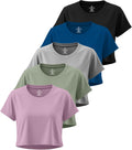 Women's Dry Fit Crop Top 5 Pack - Stretch Short Sleeve Crew Neck Gym