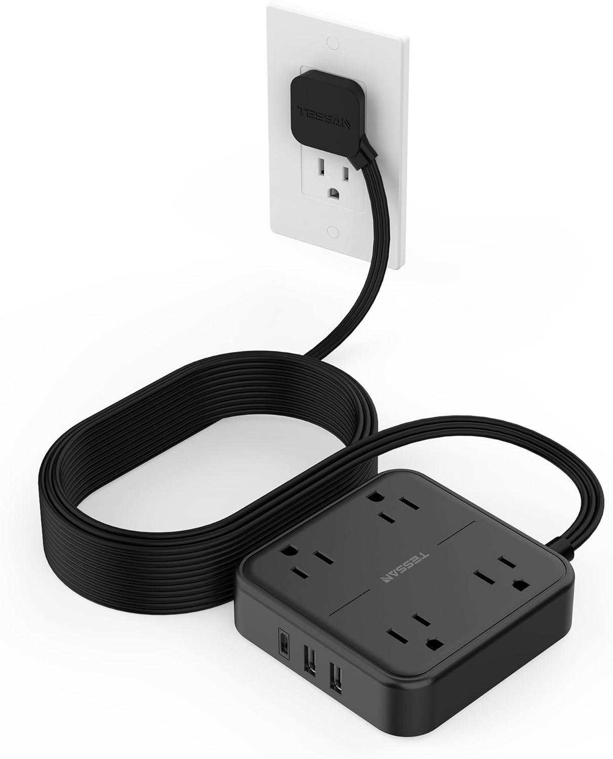Surge Protector Flat Extension Cord 15FT with 4 Outlets and USB
