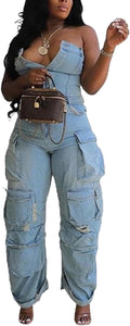 Off Shoulder Tube Denim Cargo Jumpsuit - Wide Leg Baggy Romper Tbahhir