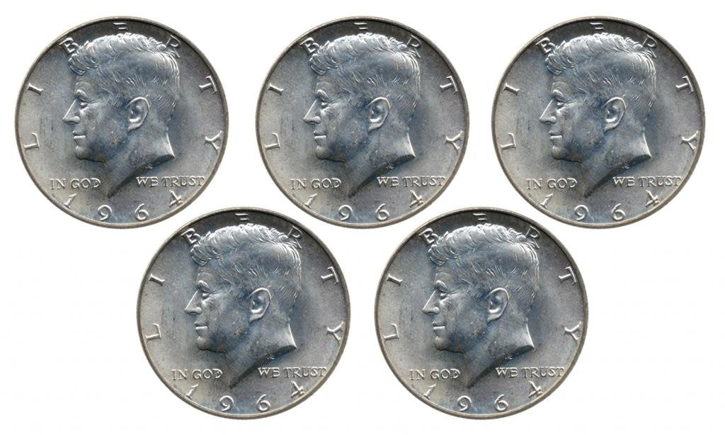 1964 No Mint Mark Set of 5-90% Silver JFK Half Dollars