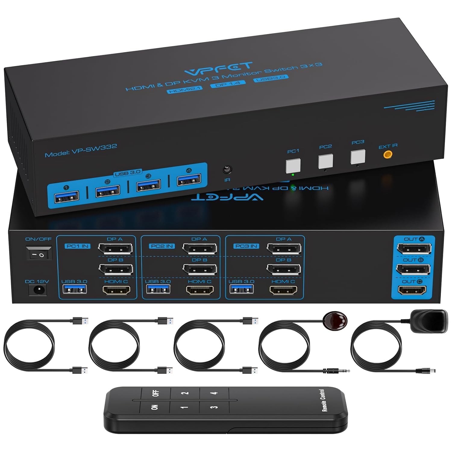 4K144Hz HDMI Displayport KVM Switch for 3 Monitors and 3 PCs
