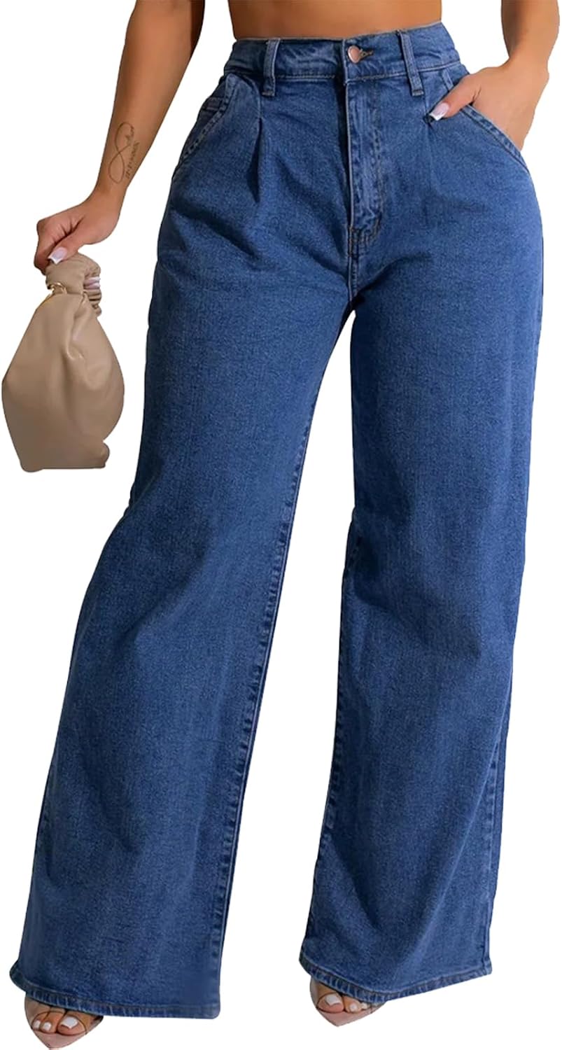Wide Leg Jeans for Women - Casual Stretch High Rise Denim Pants