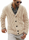 Mens Cable Knit Cardigan Sweater Shawl Collar Loose Fit - Warm Casual