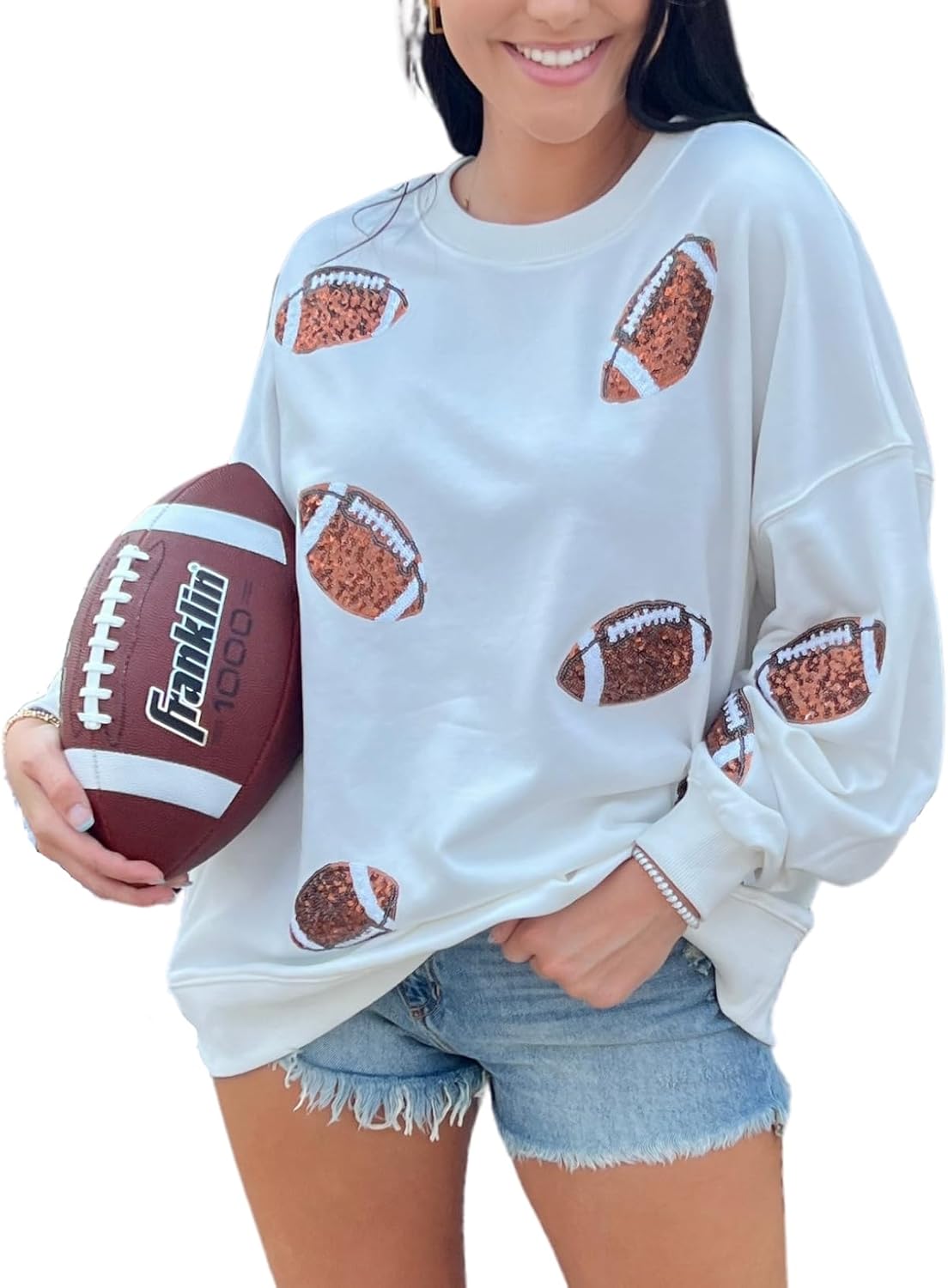 Womens Sparkle Football Sequin Rugby Sweatshirt for Game Day