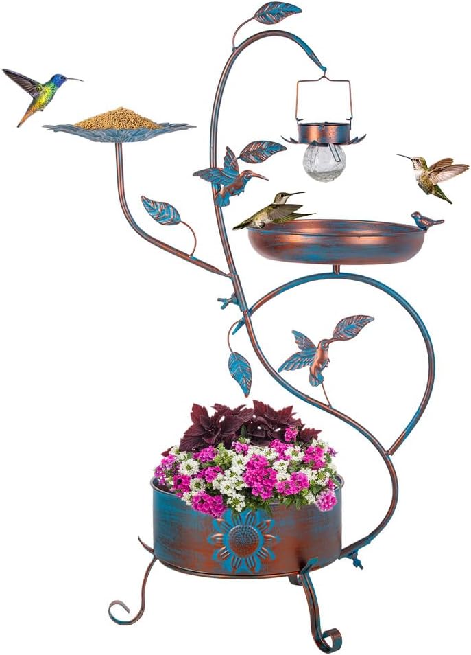Dreamysoul Metal Bird Bath with Planter and Solar Lights