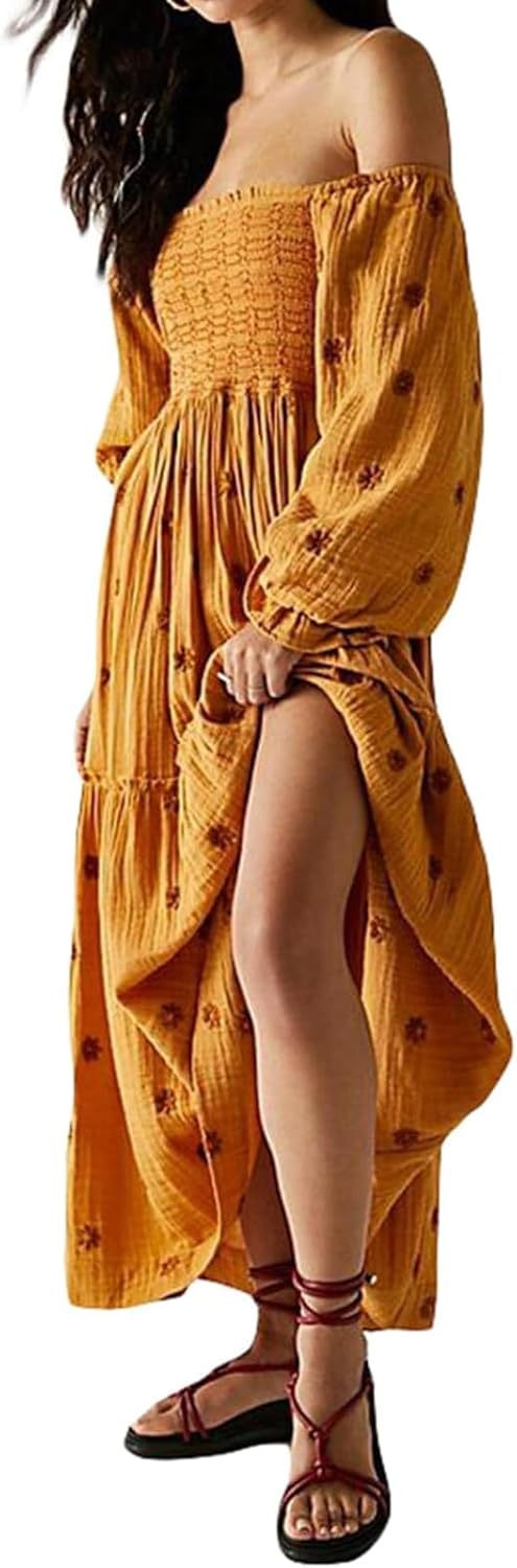 Floral Embroidered Maxi Dress with Puff Sleeves for Women