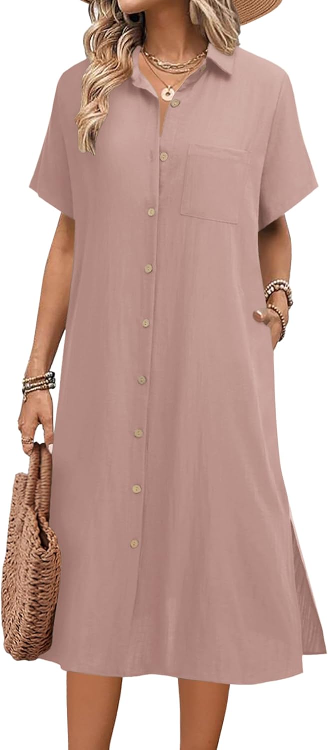 HOTOUCH Womens Summer Dress Casual Midi Short Sleeve Shirt