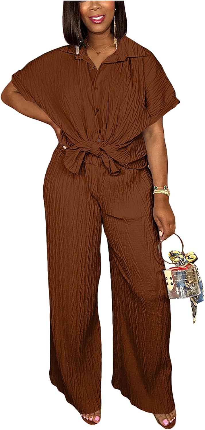Casual Two Piece Set for Women - Stylish Button Down Shirt
