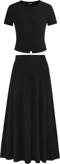 Women's 2 Piece Skirt Set Summer Knit Crop Top and Flowy Maxi Skirt
