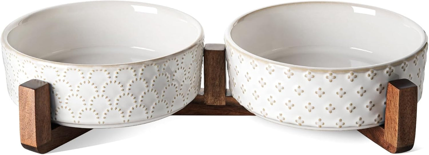 LE TAUCI Small Dog Bowl Set - Elegant Acacia Stand, Weighted Dishes