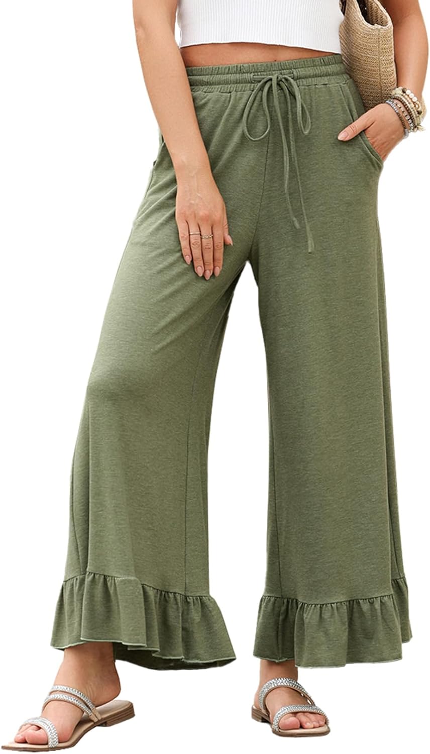 EVALESS Womens Wide Leg Pants with Drawstring and Ruffle Hem