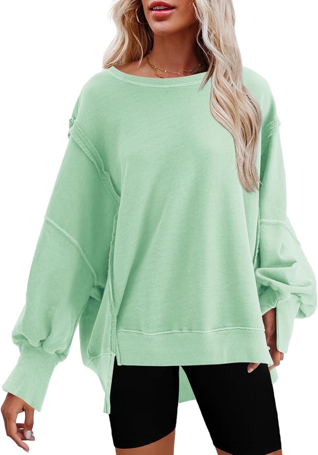 Nirovien Womens Oversized Crewneck Sweatshirt with Side Slit