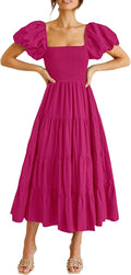 Women's Casual Summer Midi Dress Puffy Sleeve Square Neck - Flattering