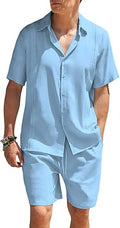 Men 2 Piece Linen Set Beach Guayabera Outfit - Cotton Linen Comfort