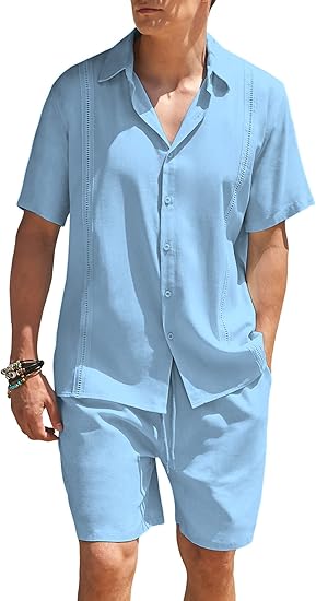 COOFANDY Men 2 Piece Linen Set Beach Guayabera Outfit Review
