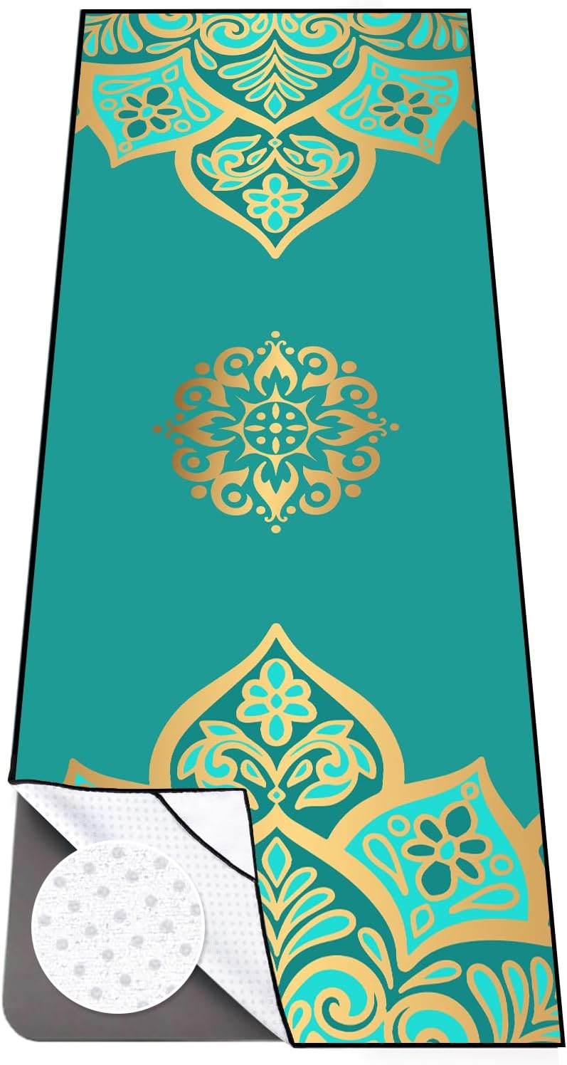 Non Slip Yoga Towel - Absorbent, Corner Pockets, Grip Dots - 70x26 Turquoise Gold